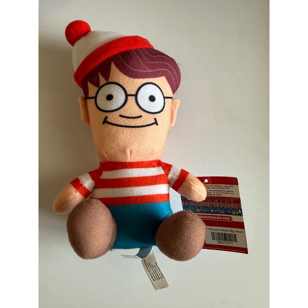 Where's Waldo Big Head Plush Toy Red White Striped Beanie Glasses NWT